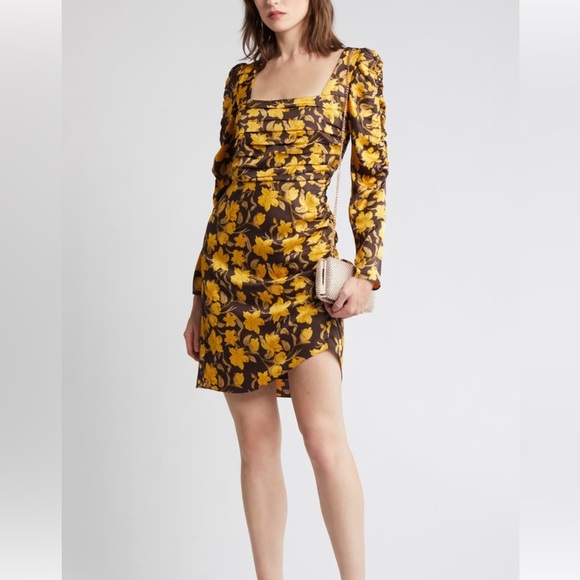 Floret Studios Dresses & Skirts - Floret Studios Floral Shirred Long Sleeve Mini Dress Size S Yellow Long Sleeve